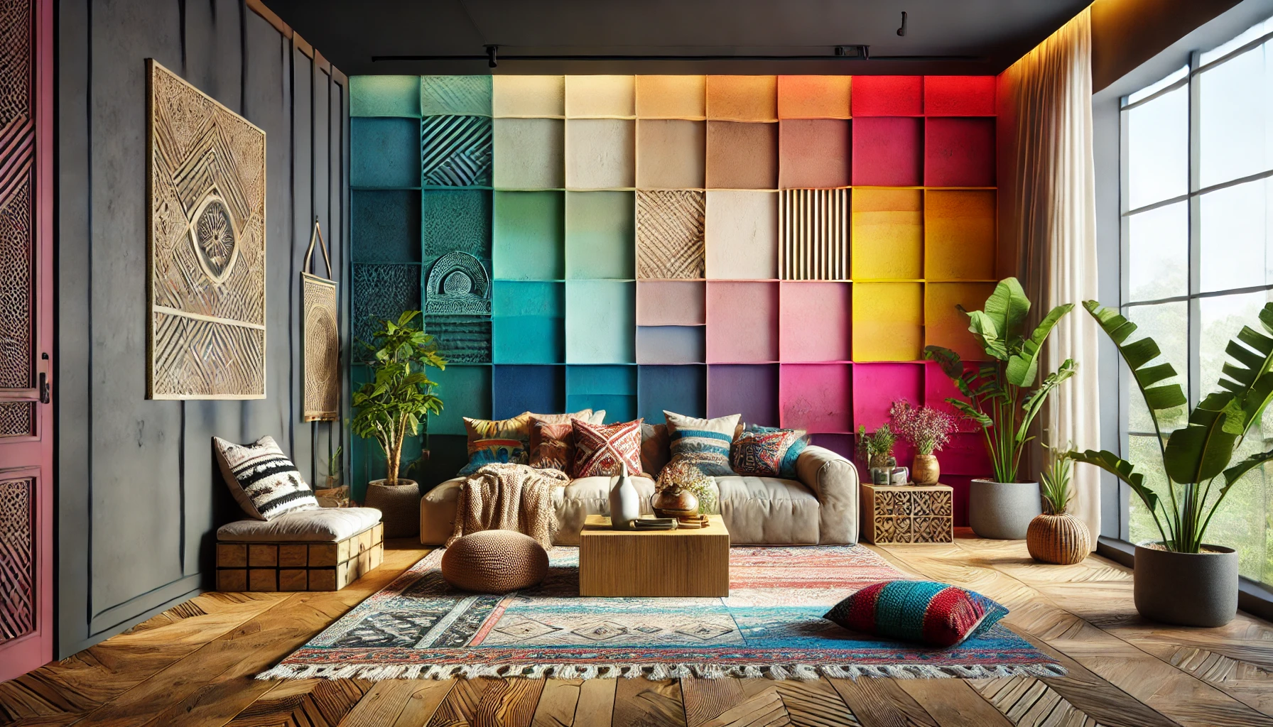 A bohemian-style living room featuring a bold color block wall with vibrant shades and cozy decor elements.