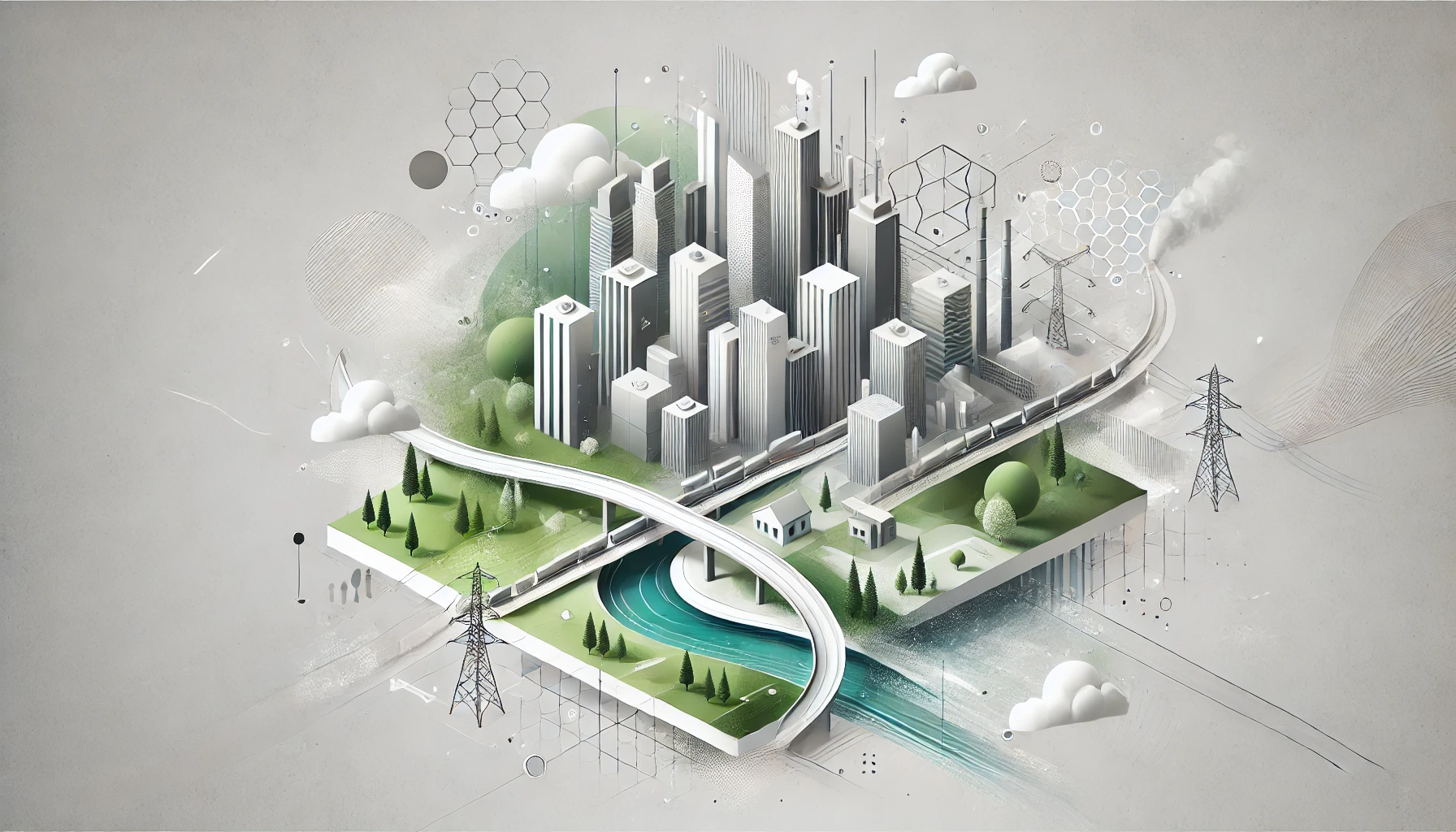 showing cityscape elements blending with trees and rivers, representing the built environment's impact on nature.