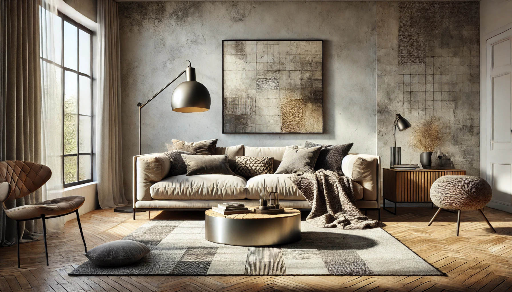 Transitional modern living room with a velvet sofa, wooden coffee table, metal lamp, textured rug, and layered cushions for depth.
