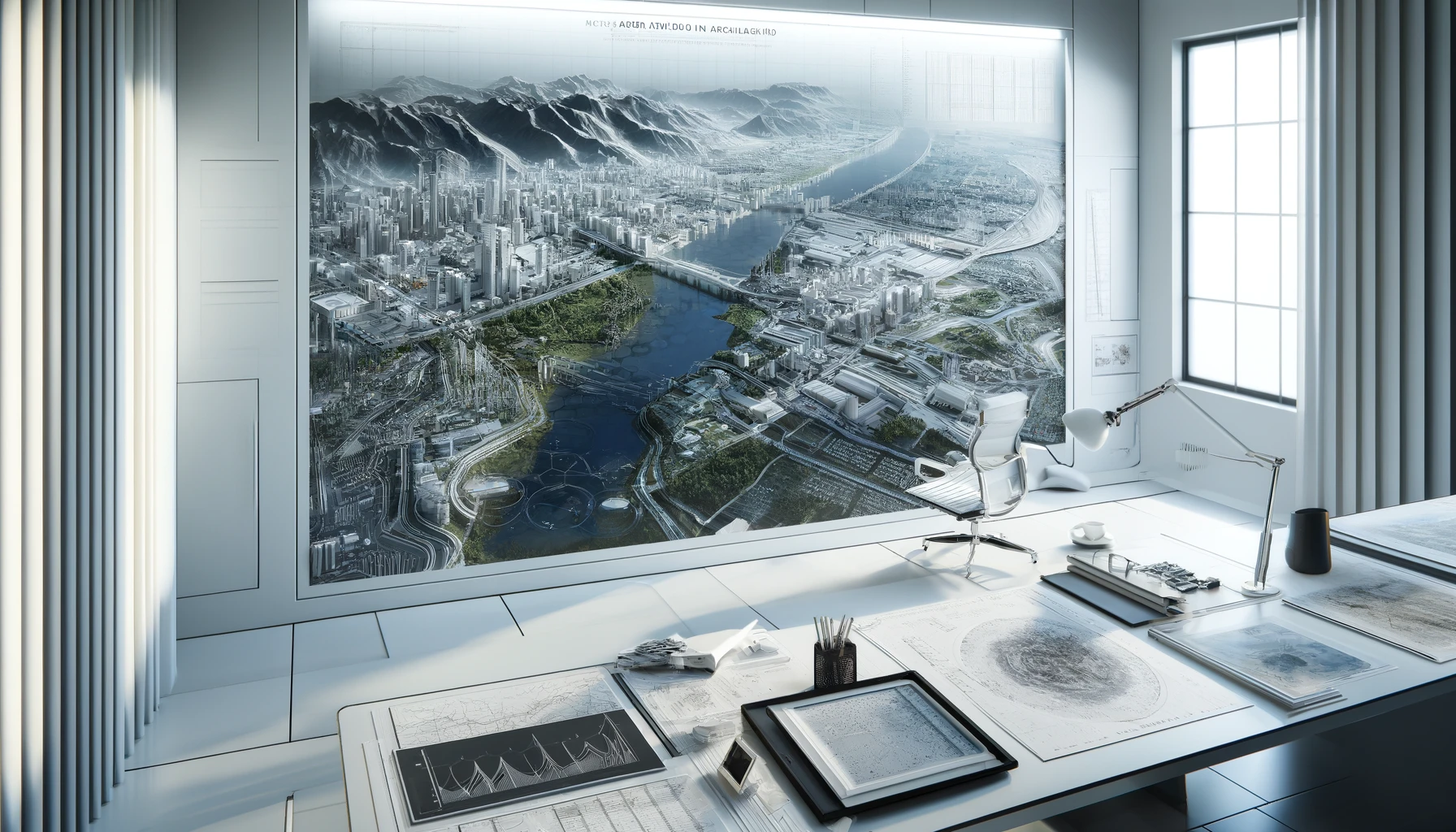 Depiction of macro site analysis in architecture, showing a workspace with maps, charts, and a large-scale aerial view of regional infrastructure.