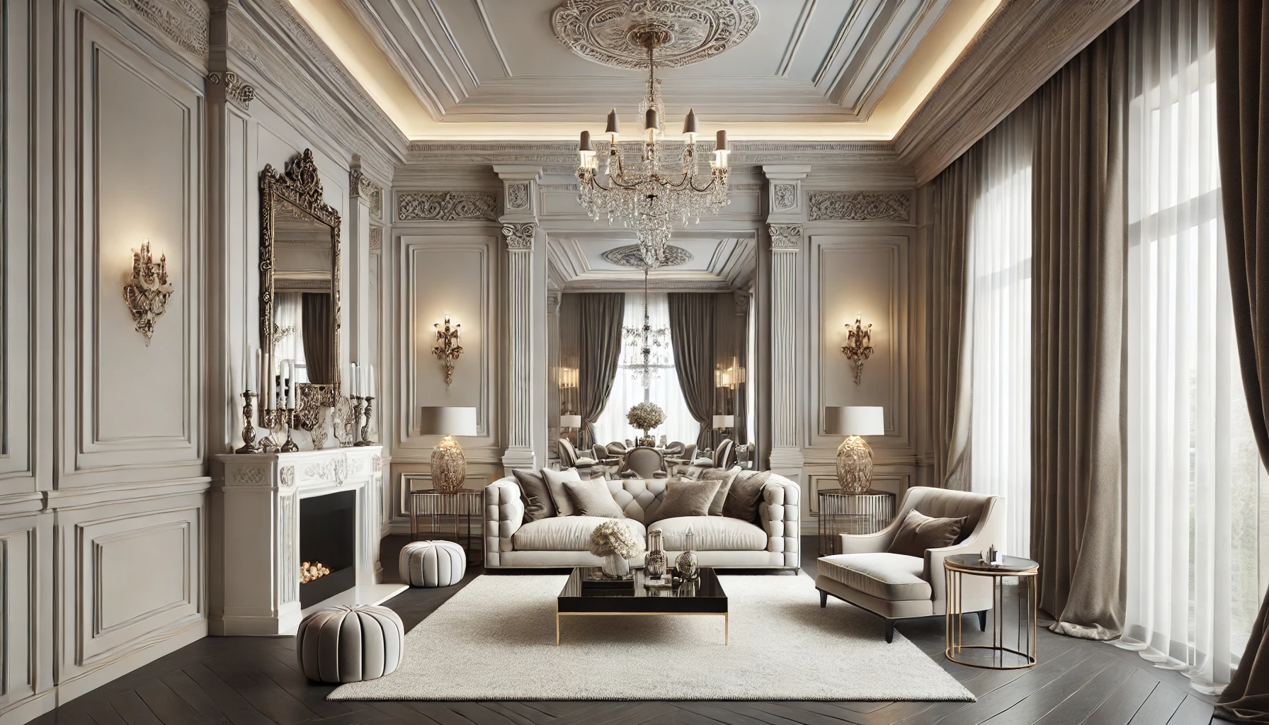ransitional modern living room with a crystal chandelier, crown molding, framed mirror, and neutral tones for subtle elegance.
