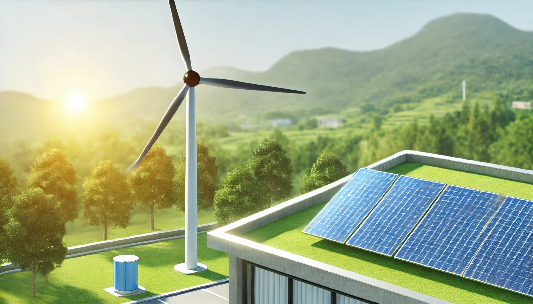 Renewable energy with solar panels, wind turbines, and a modern energy-efficient building in a natural setting.