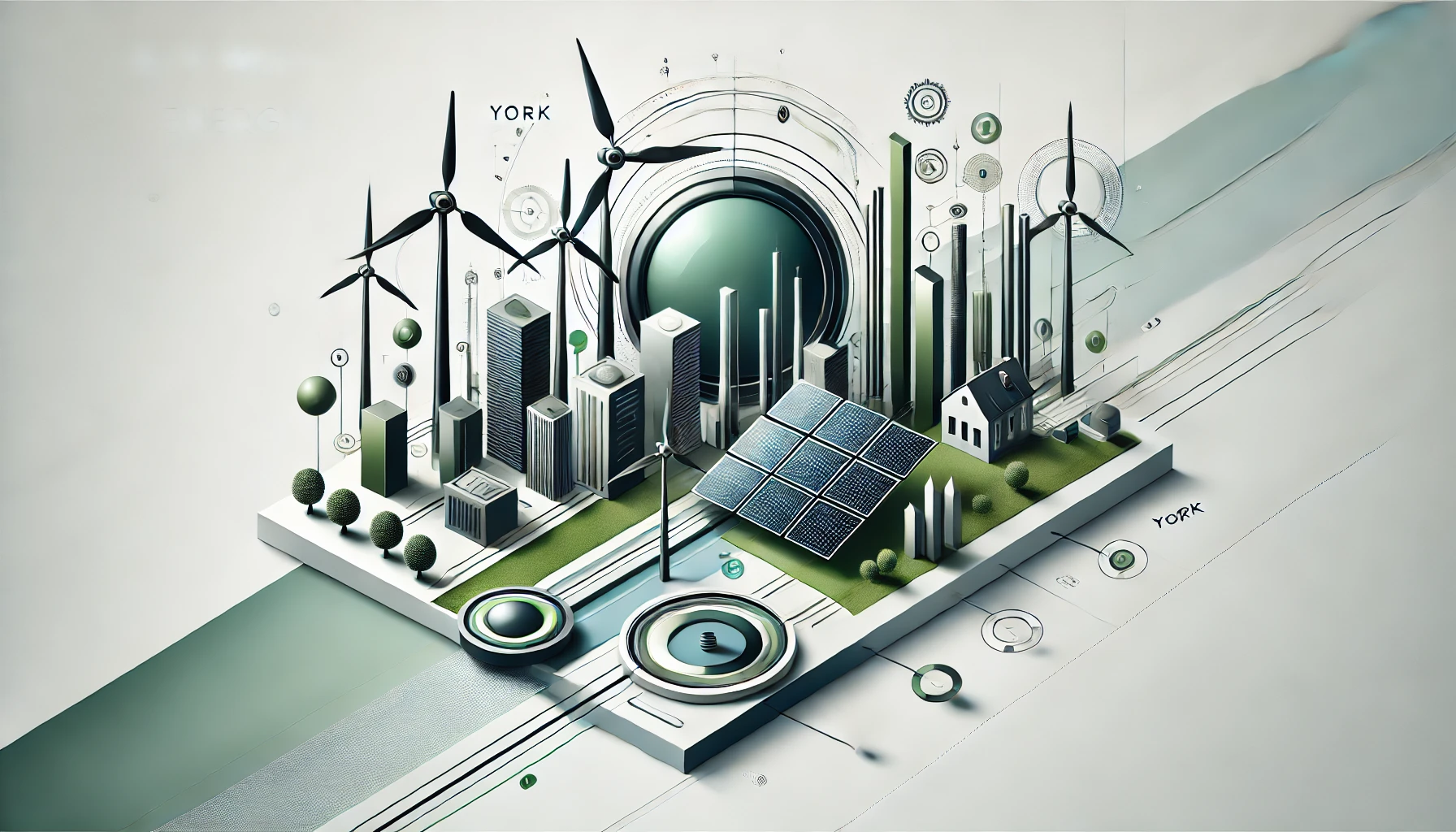 Featuring solar panels, wind turbines, and a stylized cityscape symbolizing renewable energy in an urban setting.