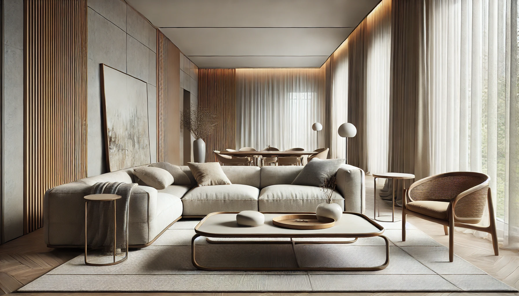 Transitional modern living room with a linen sofa, rounded coffee table, curved armchair, and mixed materials in neutral tones.