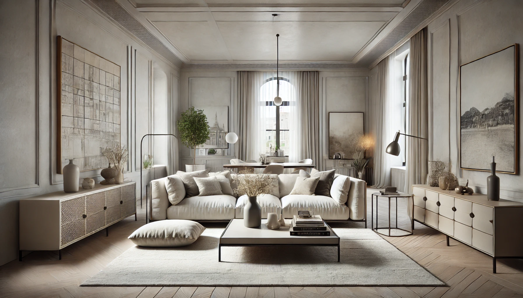 Transitional modern living room with a sleek sofa, antique coffee table, neutral tones, layered textures, and minimalistic decor.