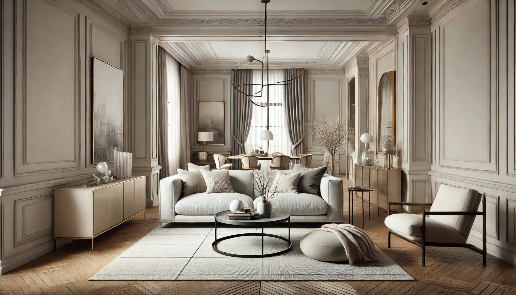 Transitional modern living room with neutral tones, featuring a sleek sofa, a rounded armchair, layered textures, and contemporary accents.
