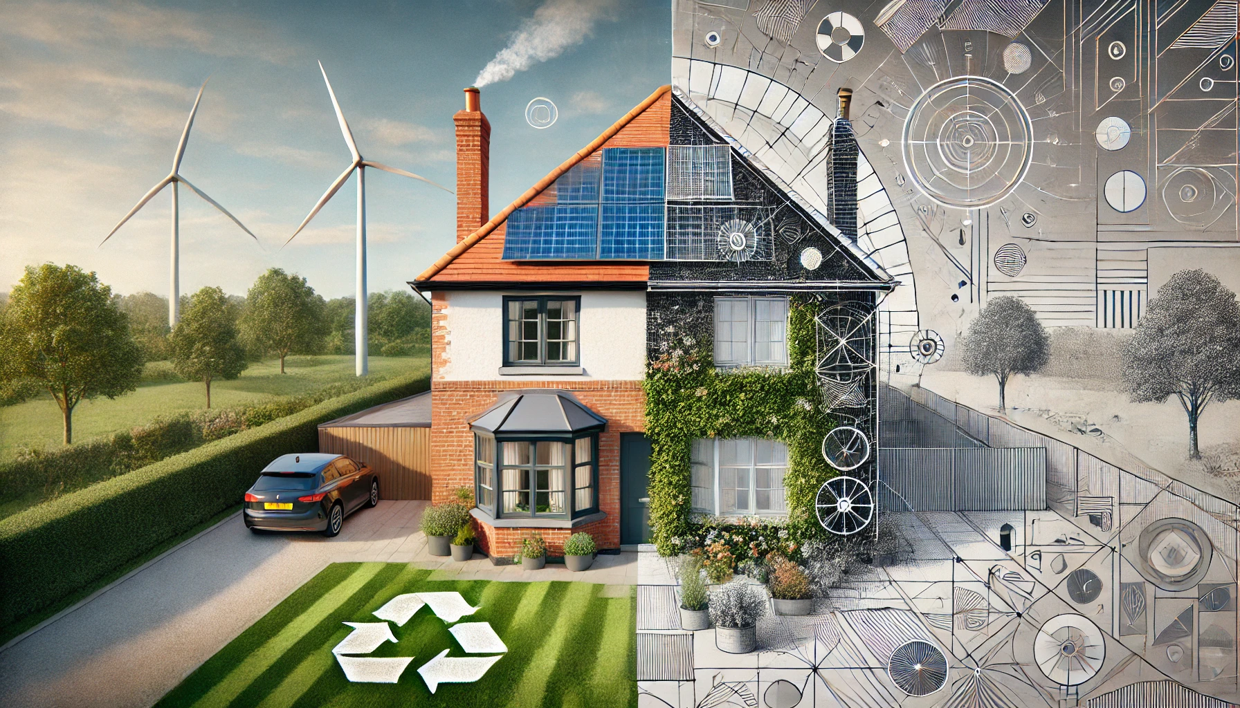 UK house with rooftop solar panels and a small wind turbine next to an abstract conceptual energy design.