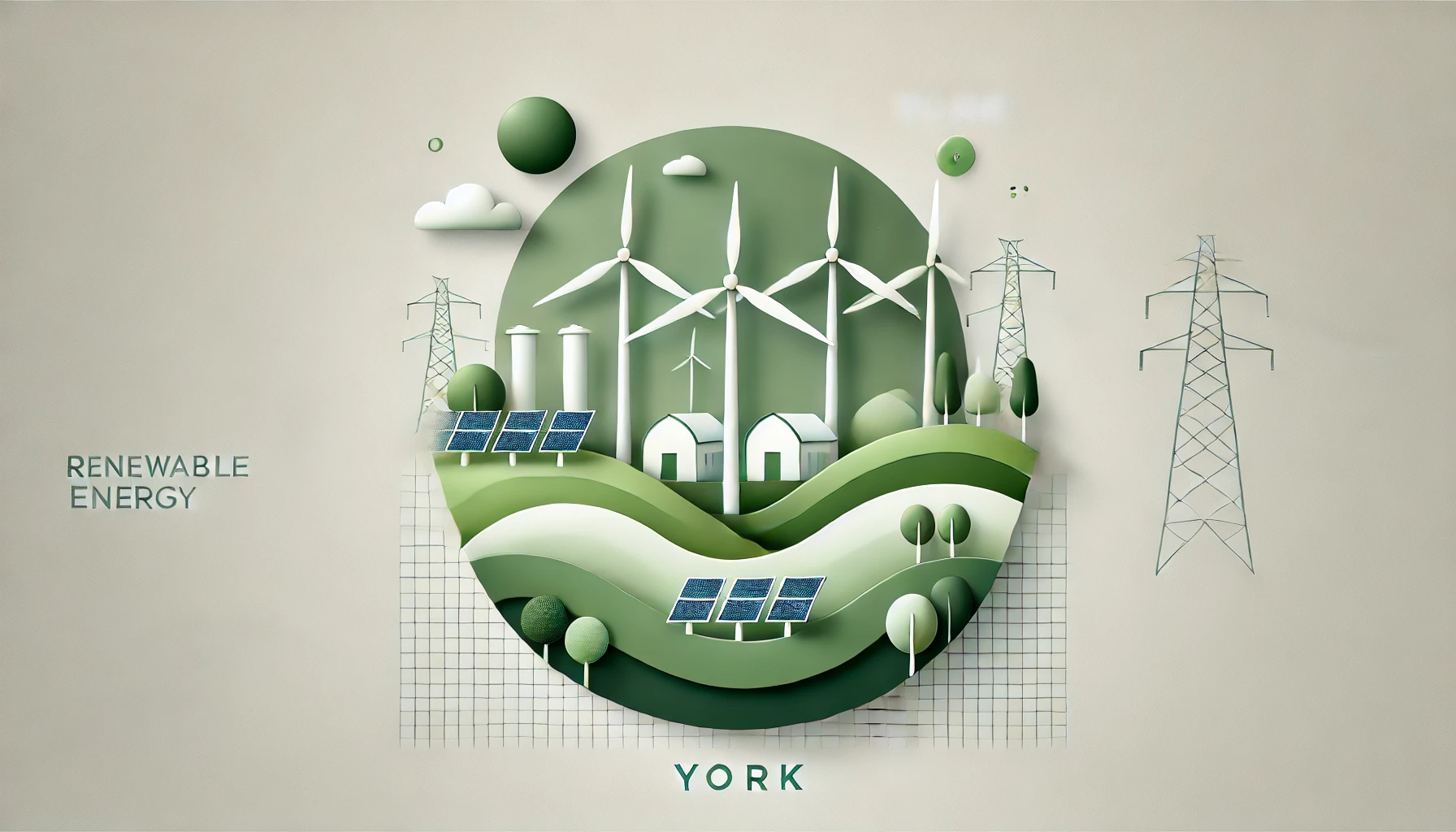 Featuring wind turbines, solar panels, and rolling green hills representing renewable energy in York's countryside.
