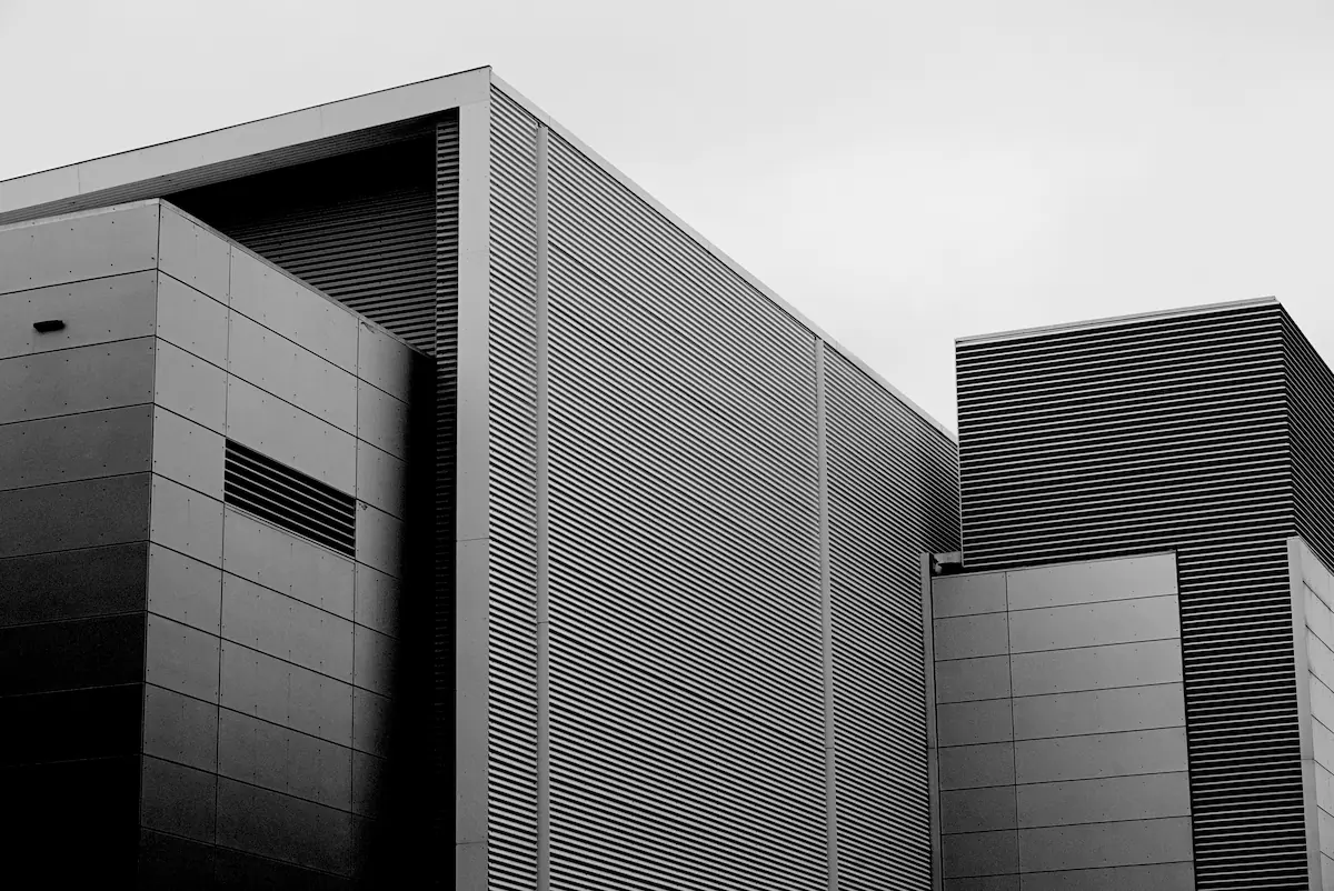 Contemporary metal building facade of the Secret Security Building, featuring sleek, industrial design and high-security features.