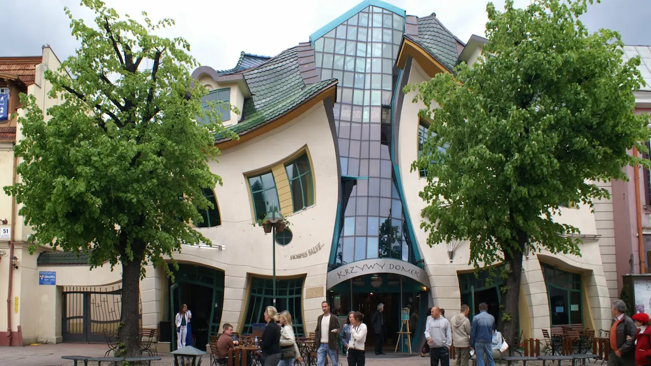 The Crooked House in Sopot, Poland, with its whimsical and distorted architecture.