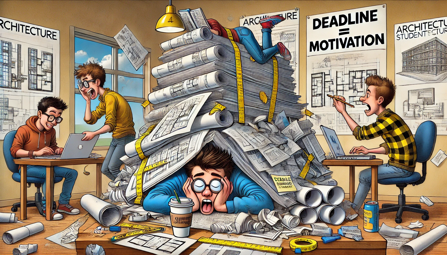 Cartoon of architecture students studying, one buried in blueprints, another balancing coffee, and a third asleep on an 'Architecture for Dummies' book.