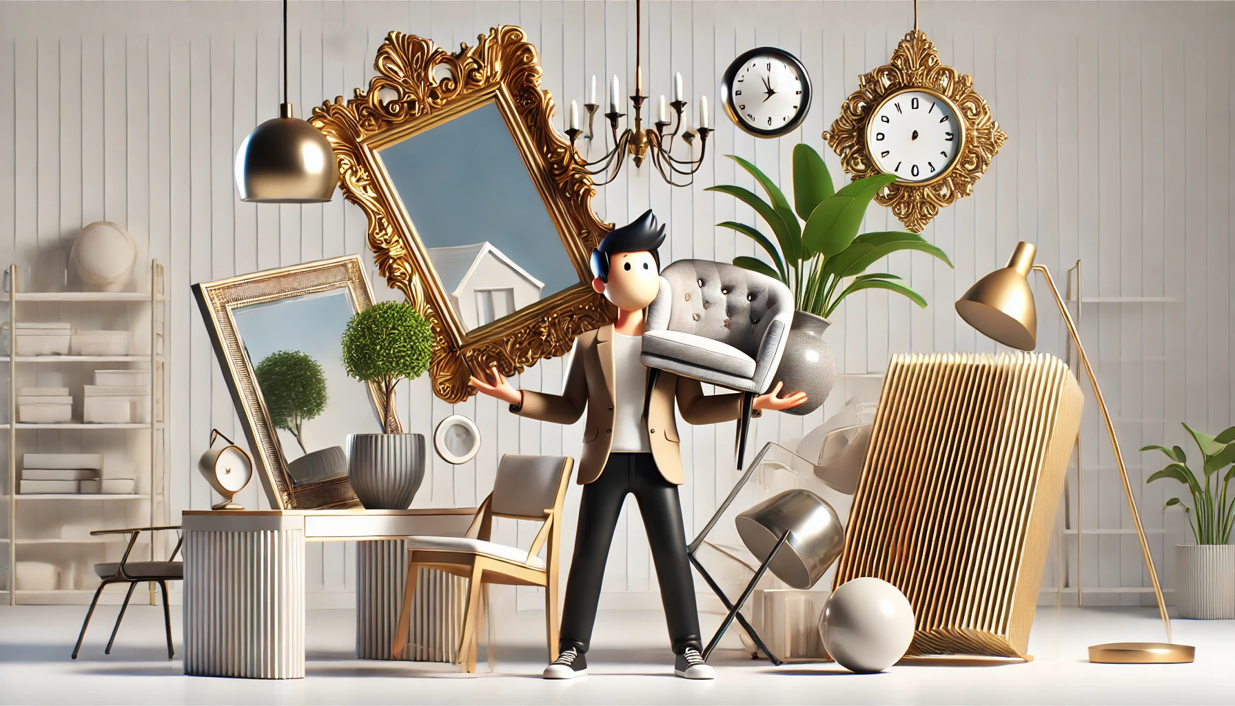 Cartoon of a person juggling modern, rustic, Baroque, and industrial home decor items, looking comically perplexed in a clean room.