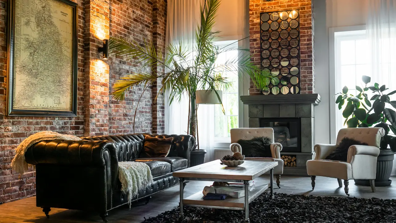 Elegant industrial living room with green plants and brown sofa chairs.