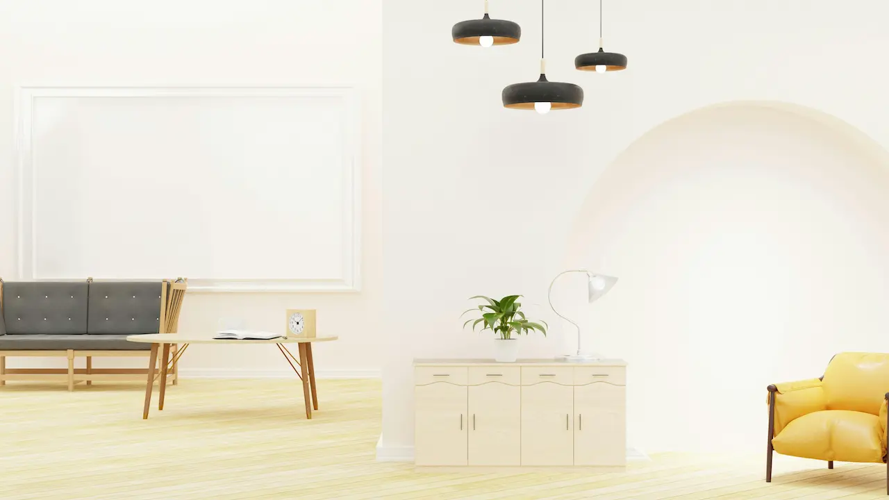 living room with minimalist interior design, featuring clean lines and simple decor