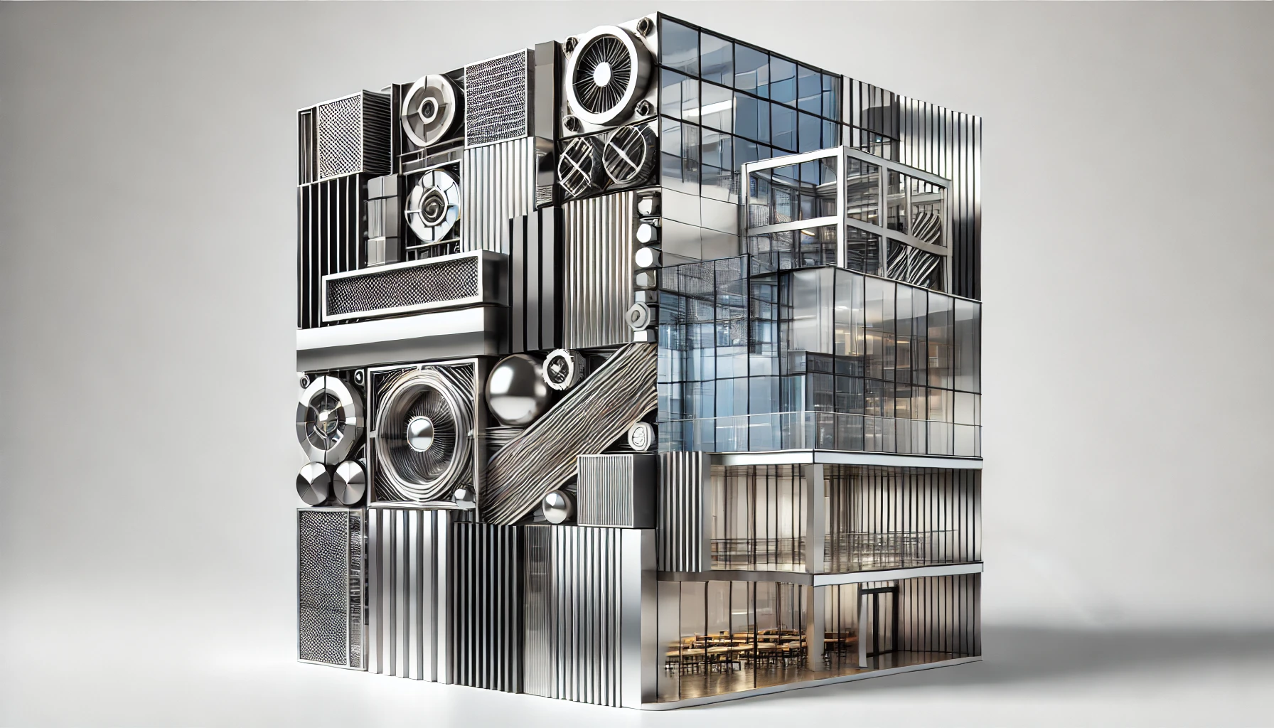 Showcasing the use of metal in architecture with metallic textures and a sleek, modern metal structure.