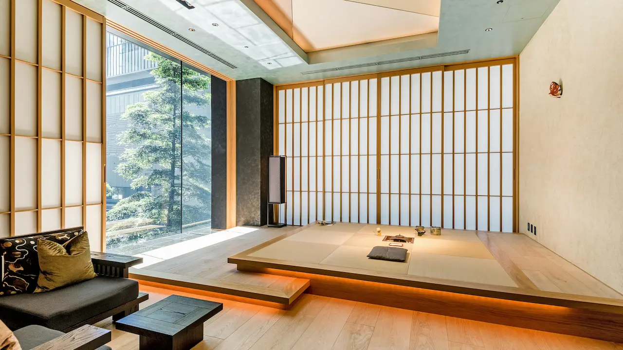 A modern living room incorporating Engawa architecture, blending indoor and outdoor spaces.