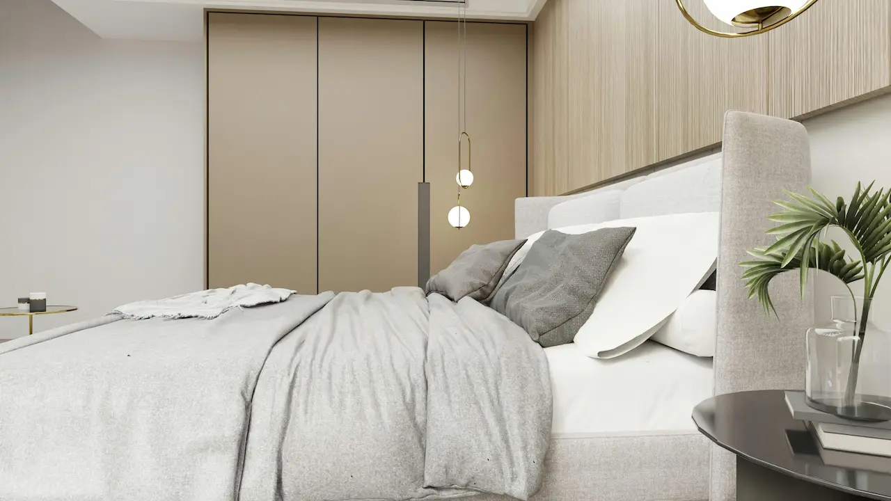 Neoclassical bedroom with elegant furnishings and classic design elements.