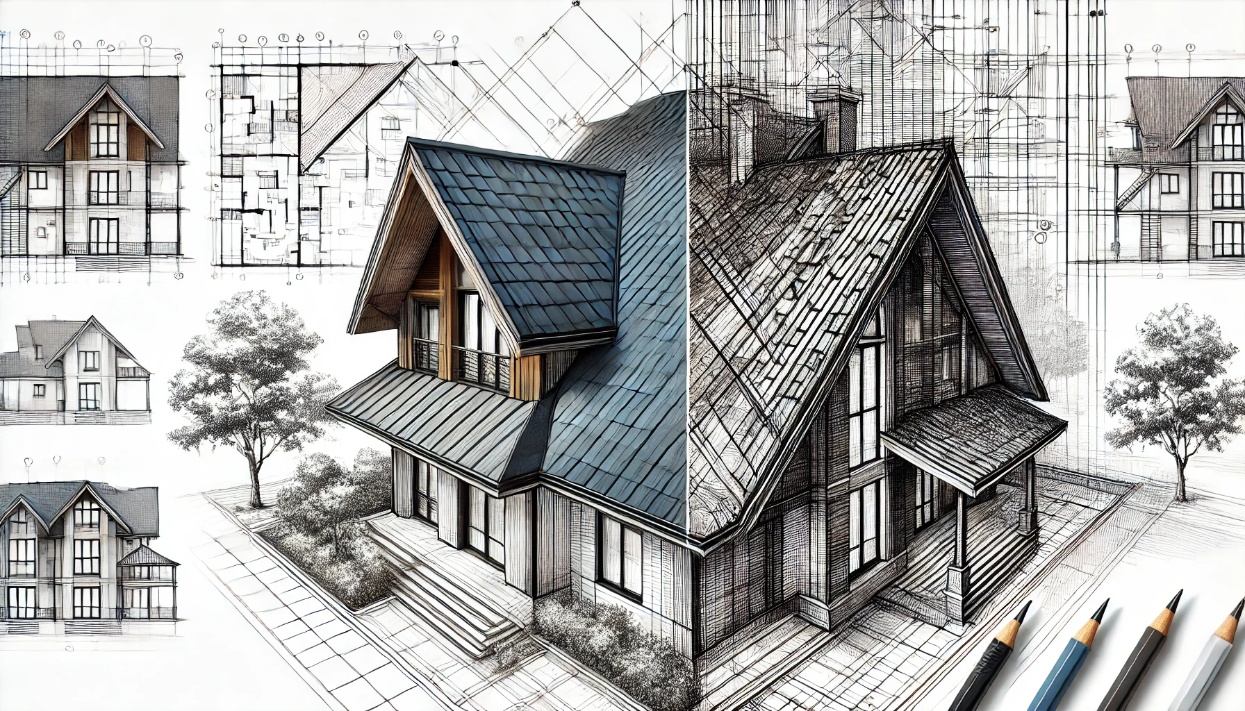 A steep roof design with one side hyper-realistic and the other side in architectural sketch style.