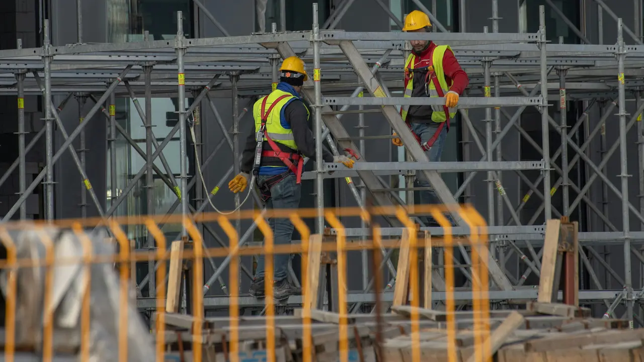 Temporary bracing installed at a construction site, providing structural support during the building process.