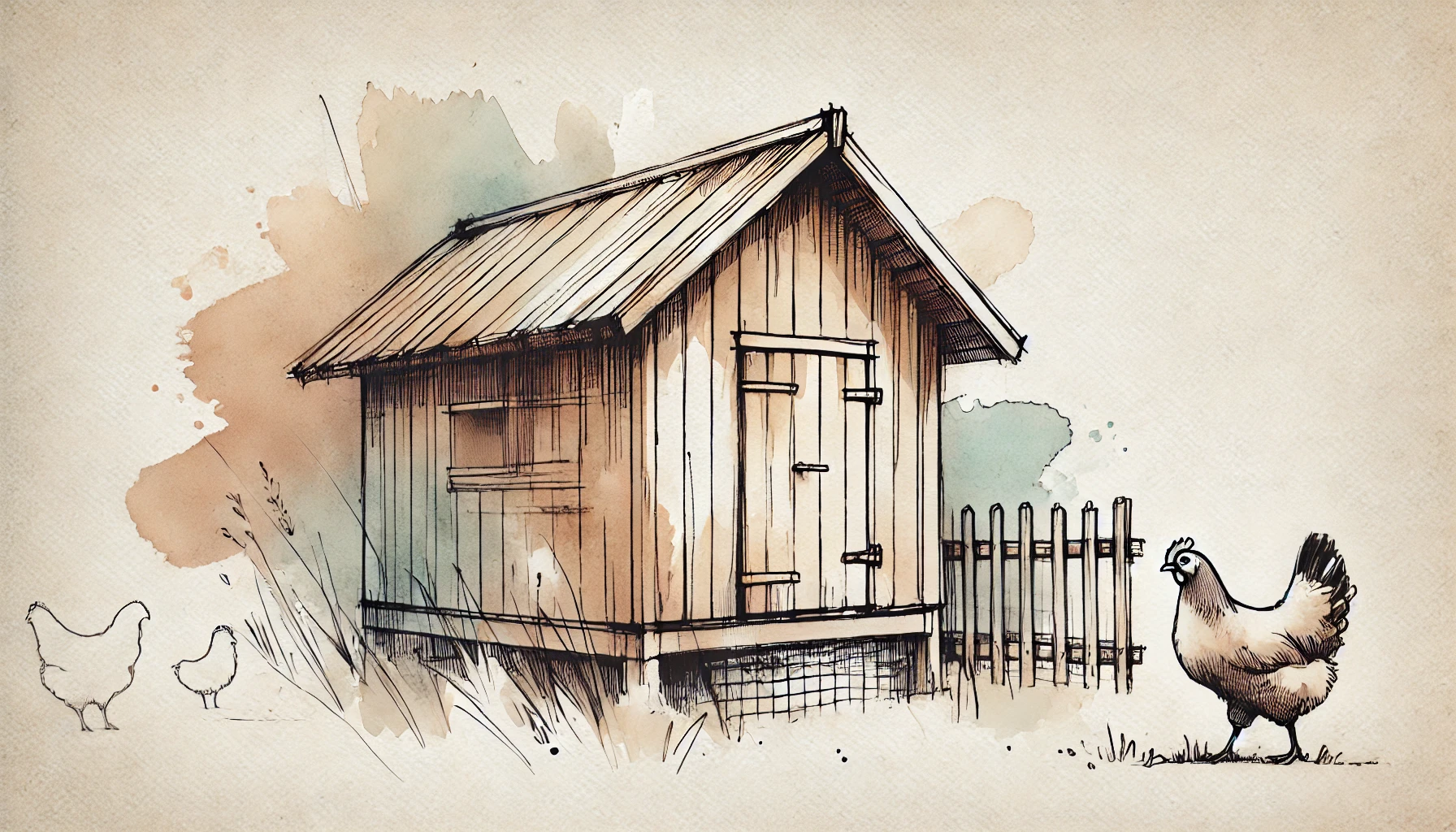 A sketch of a rustic chicken coop with soft ink lines, wooden textures, and subtle countryside elements.