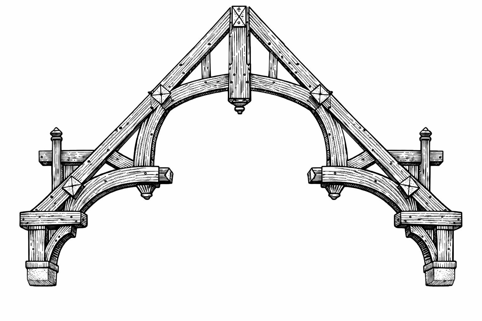 Hammerbeam roof diagram showing projecting hammerbeams and curved timber braces.