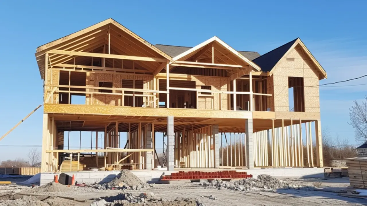 A house under construction with exposed wooden framing and exterior walls partially built, showing structural progress.