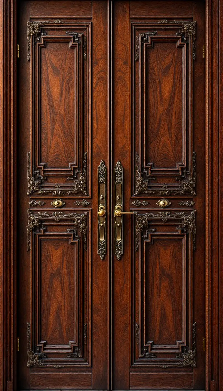 An intricately designed luxurious mahogany door with artistic carvings, rich finish, and high-end craftsmanship.