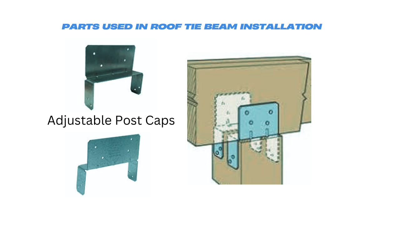 Parts used in roof tie beam installation, including adjustable post caps for secure and stable connections.