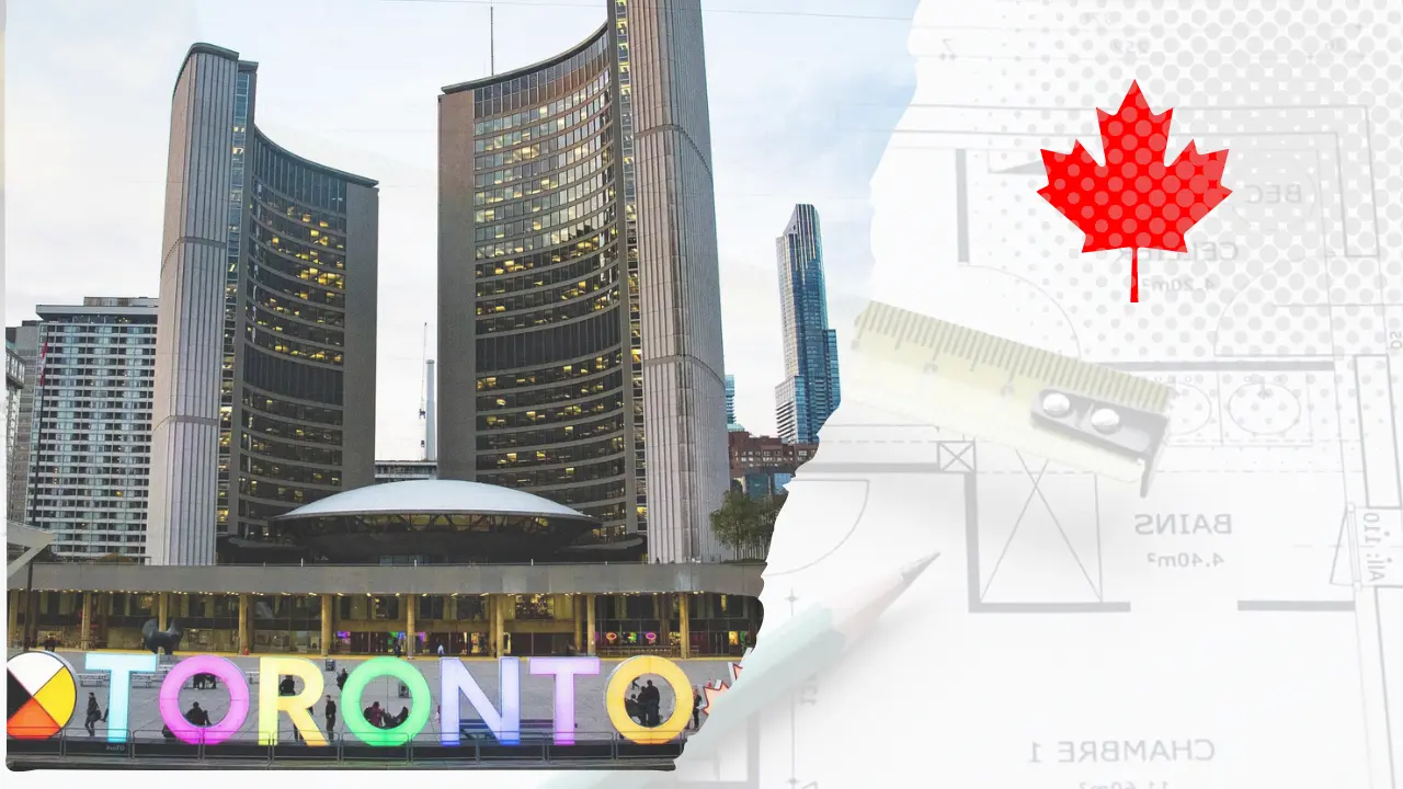 Toronto cityscape featuring iconic architectural elements, representing architect salaries in the city.