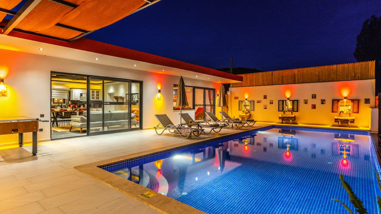 The exterior of Villa Pavruka Yayla in Kalkan, Turkey, a beautiful holiday home with modern design and stunning views.