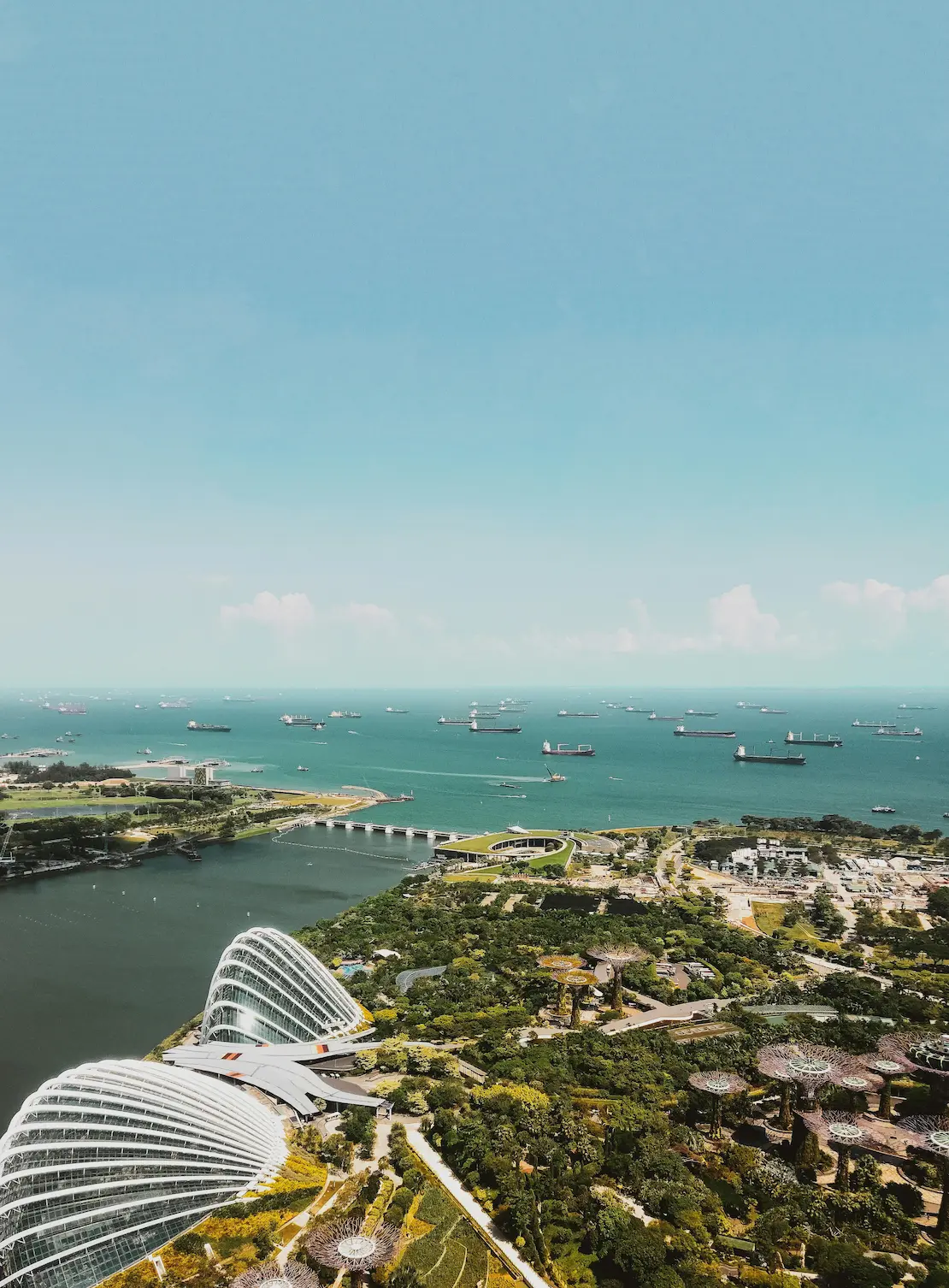 Aerial view of modern buildings near the ocean in 2025, surrounded by greenery, highlighting evolving sustainable design practices.