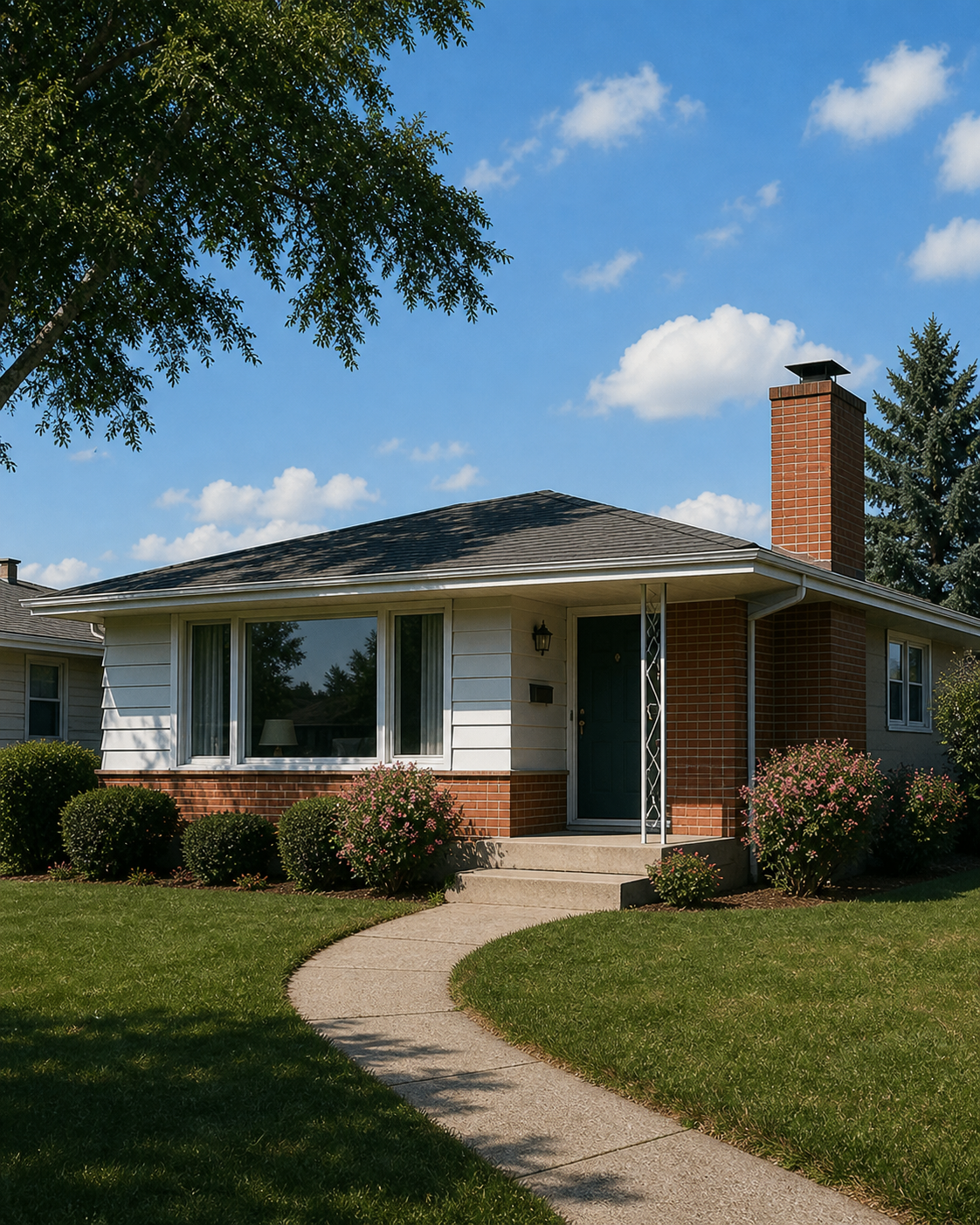1950s ranch house with low roof, brick chimney, and large front window.
