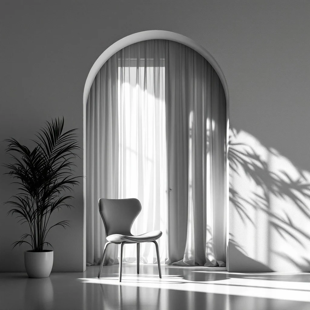 Minimalist interior with arched doorway, sheer curtains, modern chair, and potted palm in soft natural light.