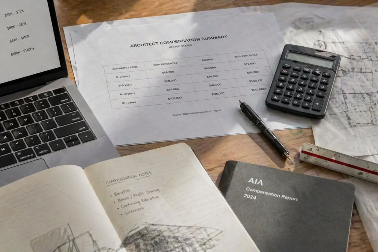 Architect salary worksheet with laptop charts, drawings, calculator, and compensation notes on an architect’s desk.