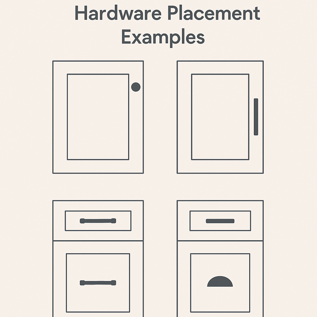 Visual infographic showing different hardware placements on kitchen cabinets and drawers.