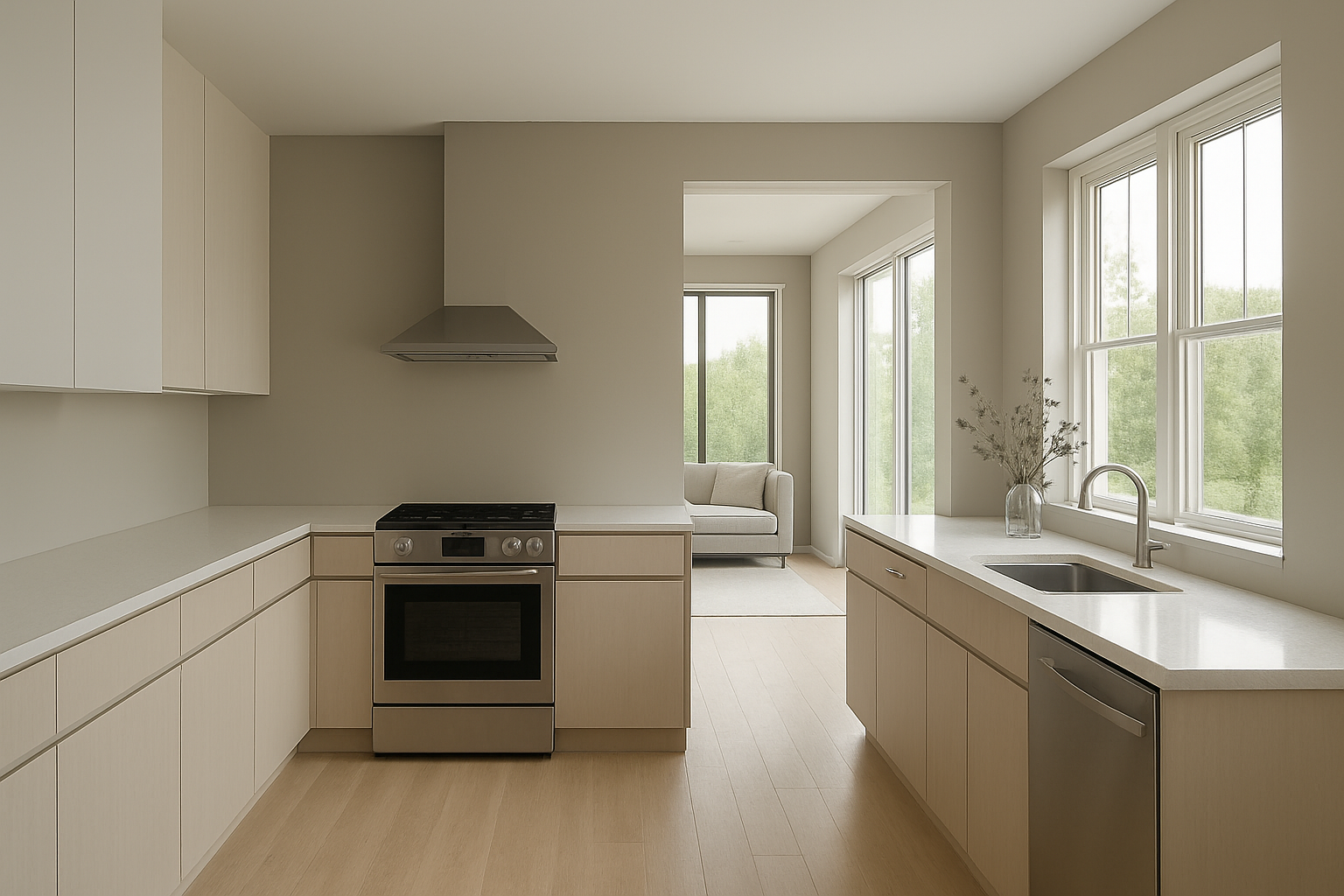Clare Paint Dirty Chai, a warm taupe that complements pine and maple floors, with good lighting enhancing the honey undertones and creating a cozy, inviting atmosphere.