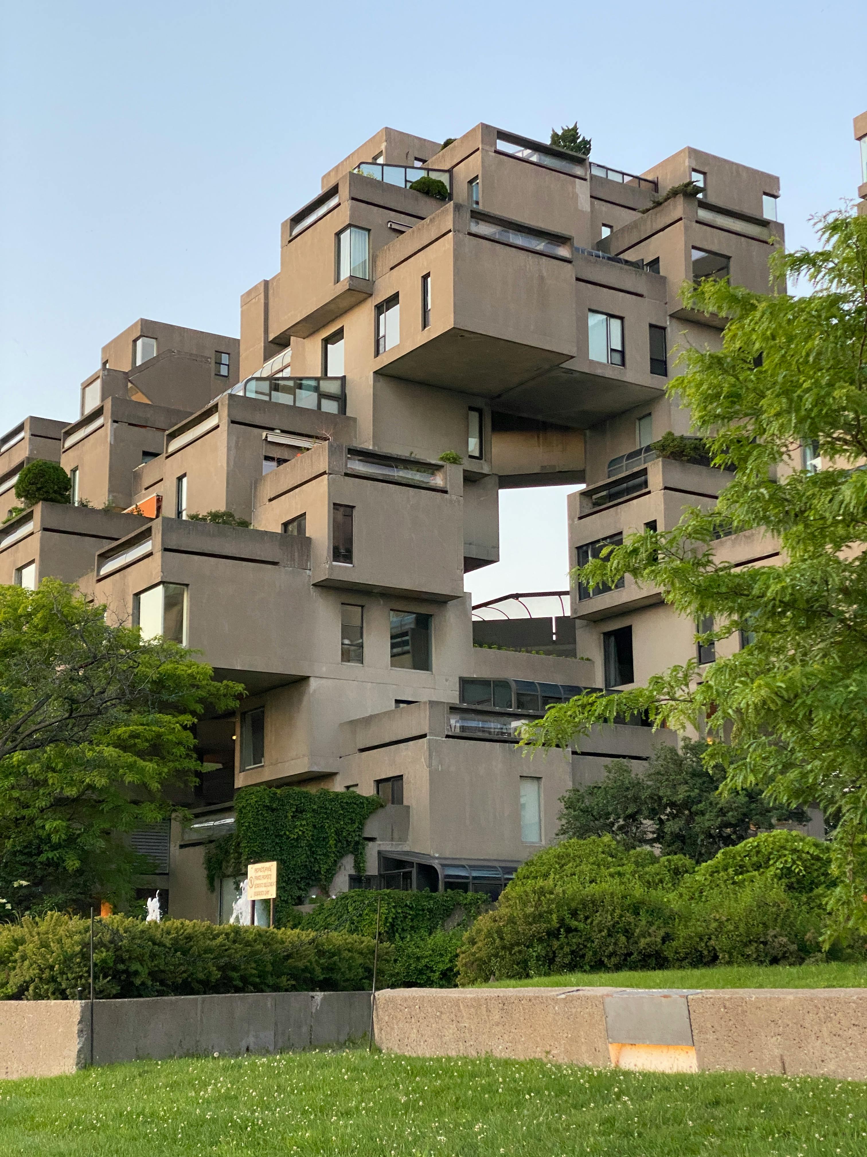Habitat 67 residential building in Montreal, featuring a cluster of modular units stacked in dynamic forms.