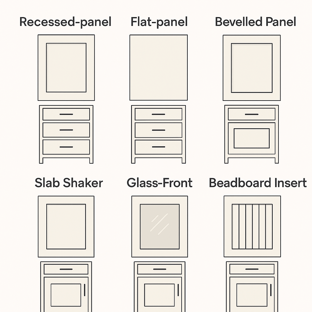 Infographic comparing various door types including panel doors, shaker doors, glass panel doors, and bi-fold doors.