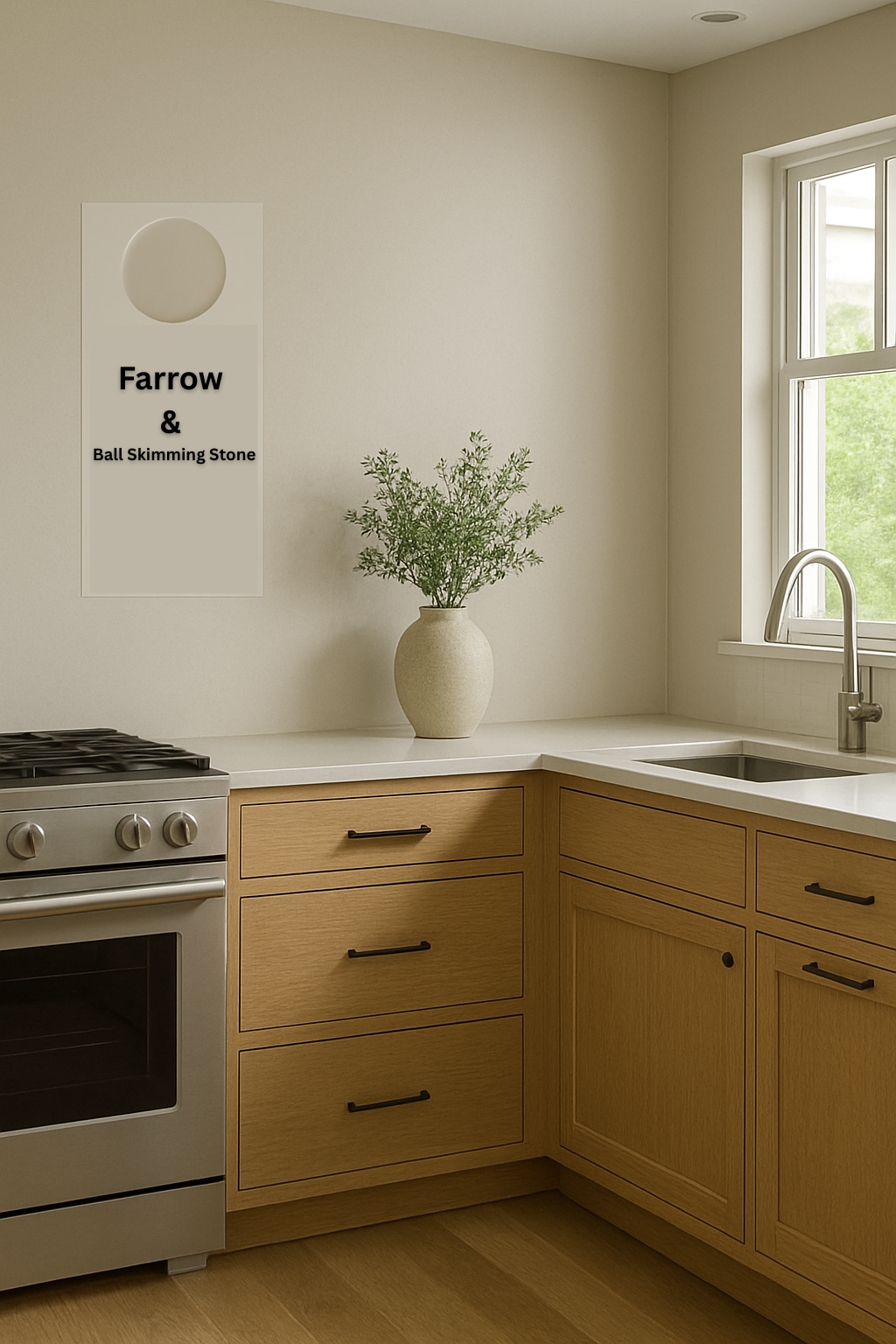 Interior featuring Farrow & Ball Skimming Stone, a warm putty shade that enhances the natural grain of ash and oak floors.