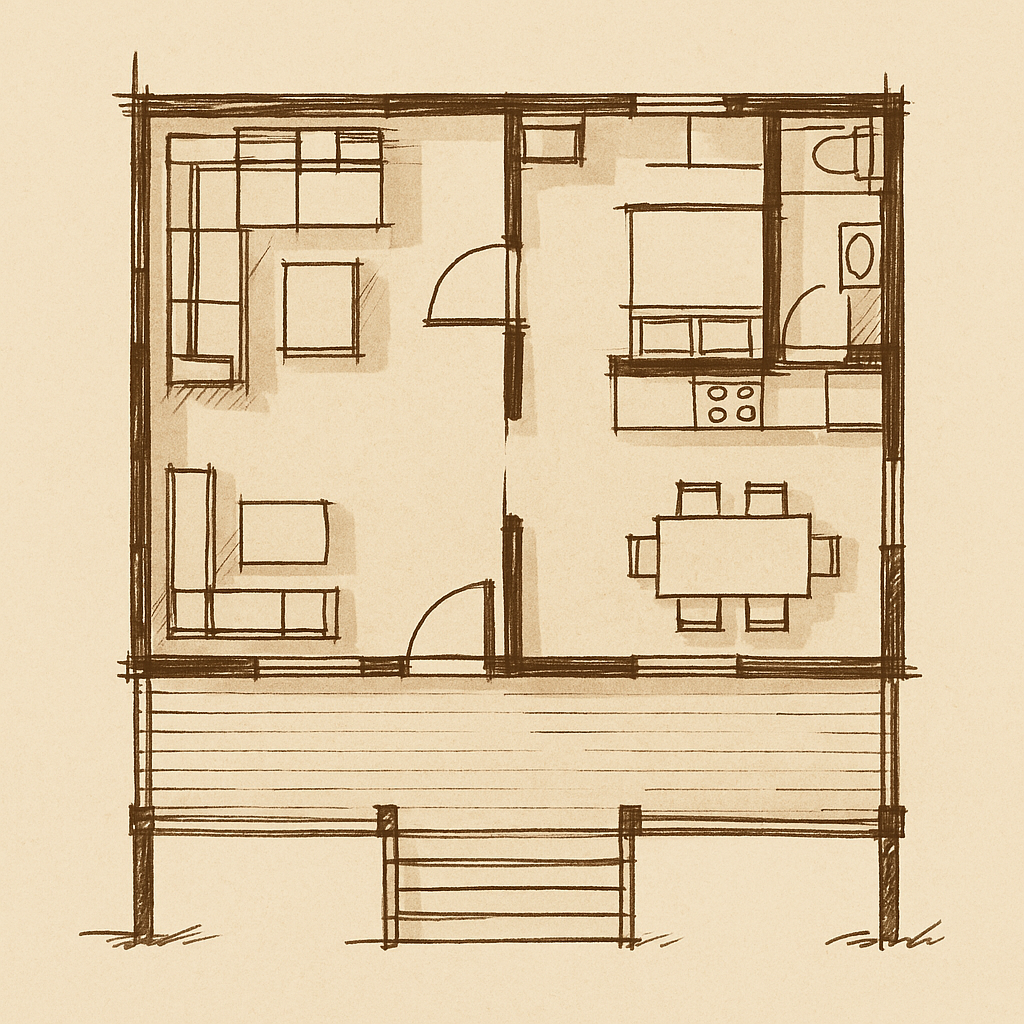 A sepia ink sketch of a traditional Bahay Kubo floor plan, showing an open area, sleeping space, and kitchen.