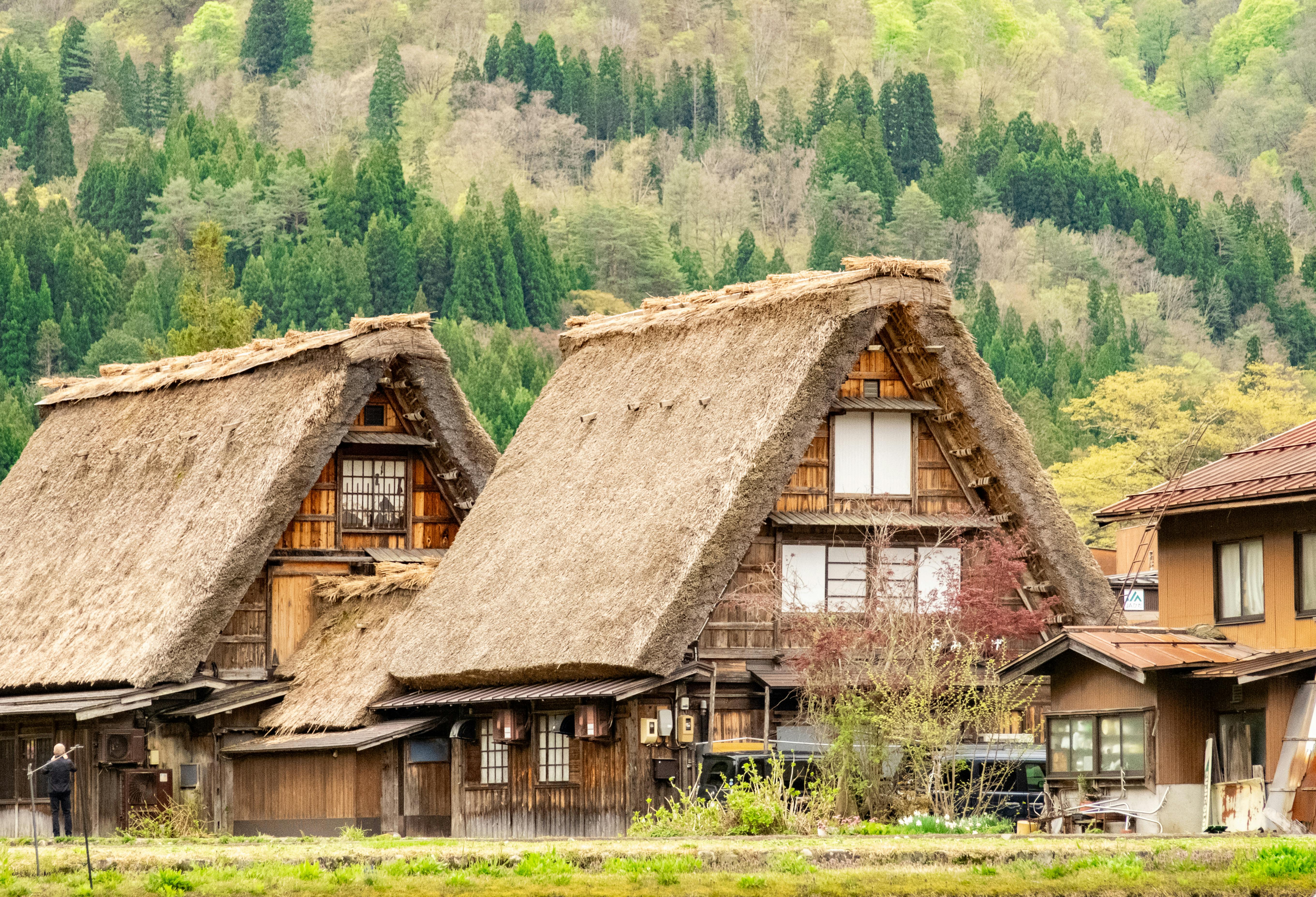 View of historical thatched farmhouses in Shirakawa, Gifu, Japan.