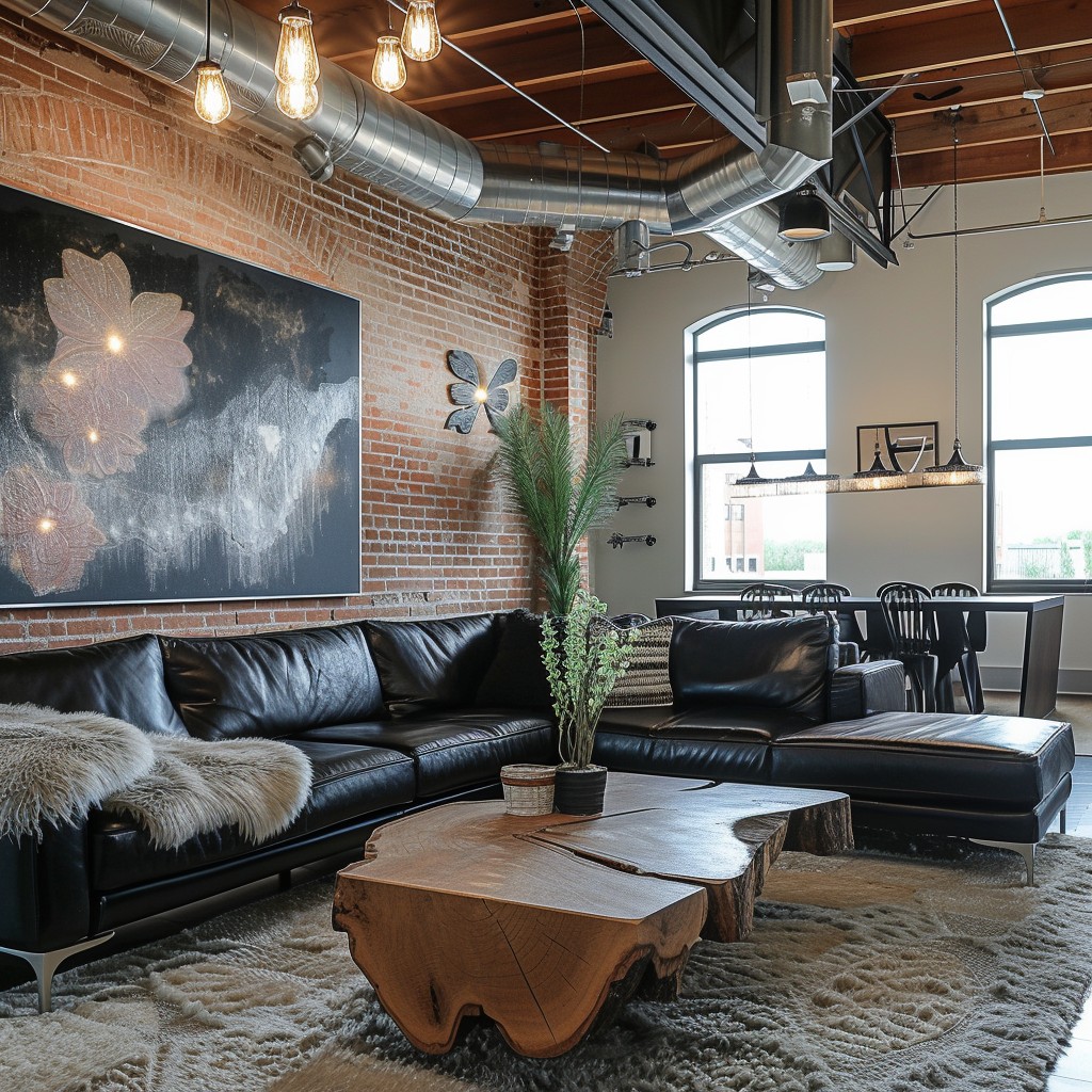 Industrial-style lounge with leather sofas and a rustic wooden coffee table in a chic urban setting.