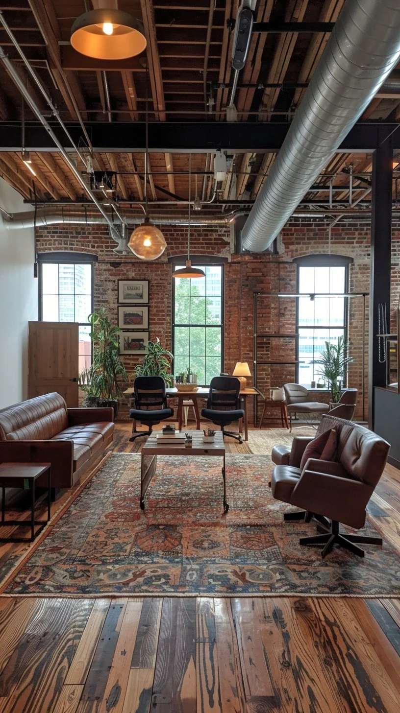 Stylish loft office with exposed brick walls, large windows, and vintage decor, featuring hardwood floors.
