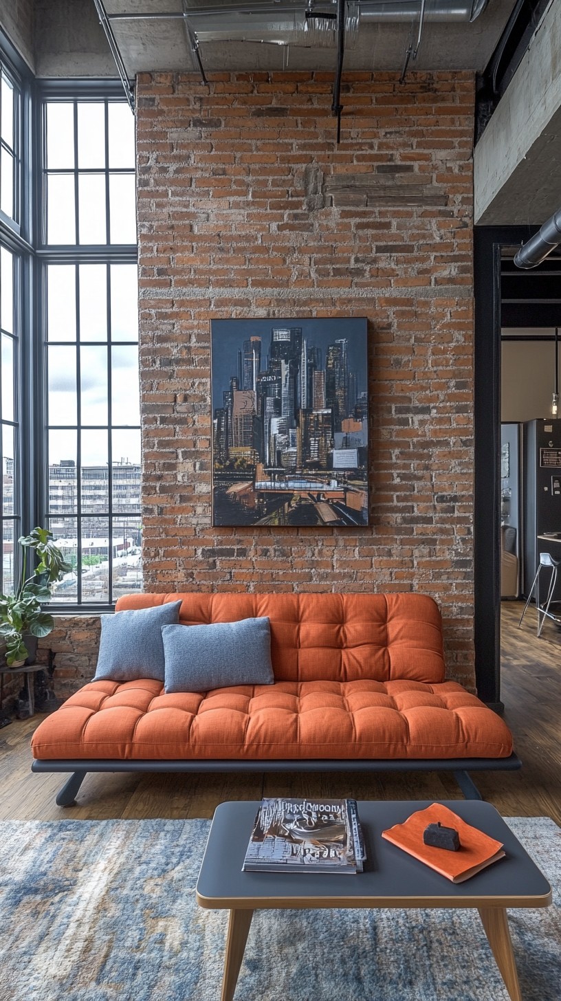 Stylish urban loft with a bold orange couch, rustic brick wall, and cityscape painting.