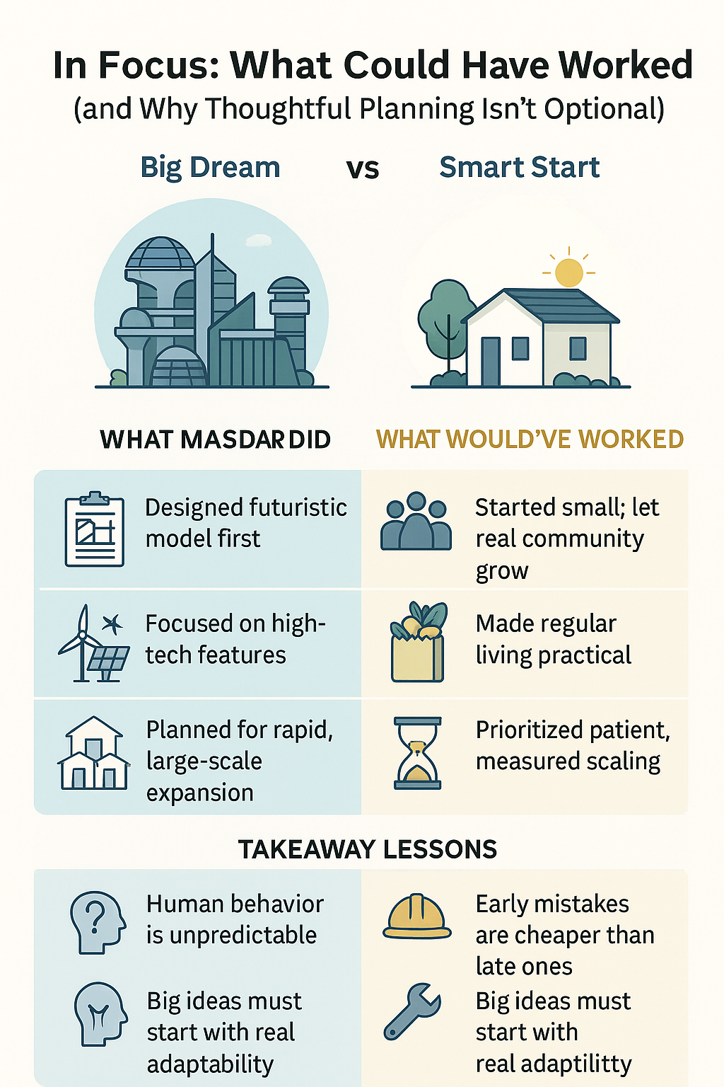 Infographic comparing Masdar’s Big Dream vs a Smart Start with a flow of what was done vs what would’ve worked.
