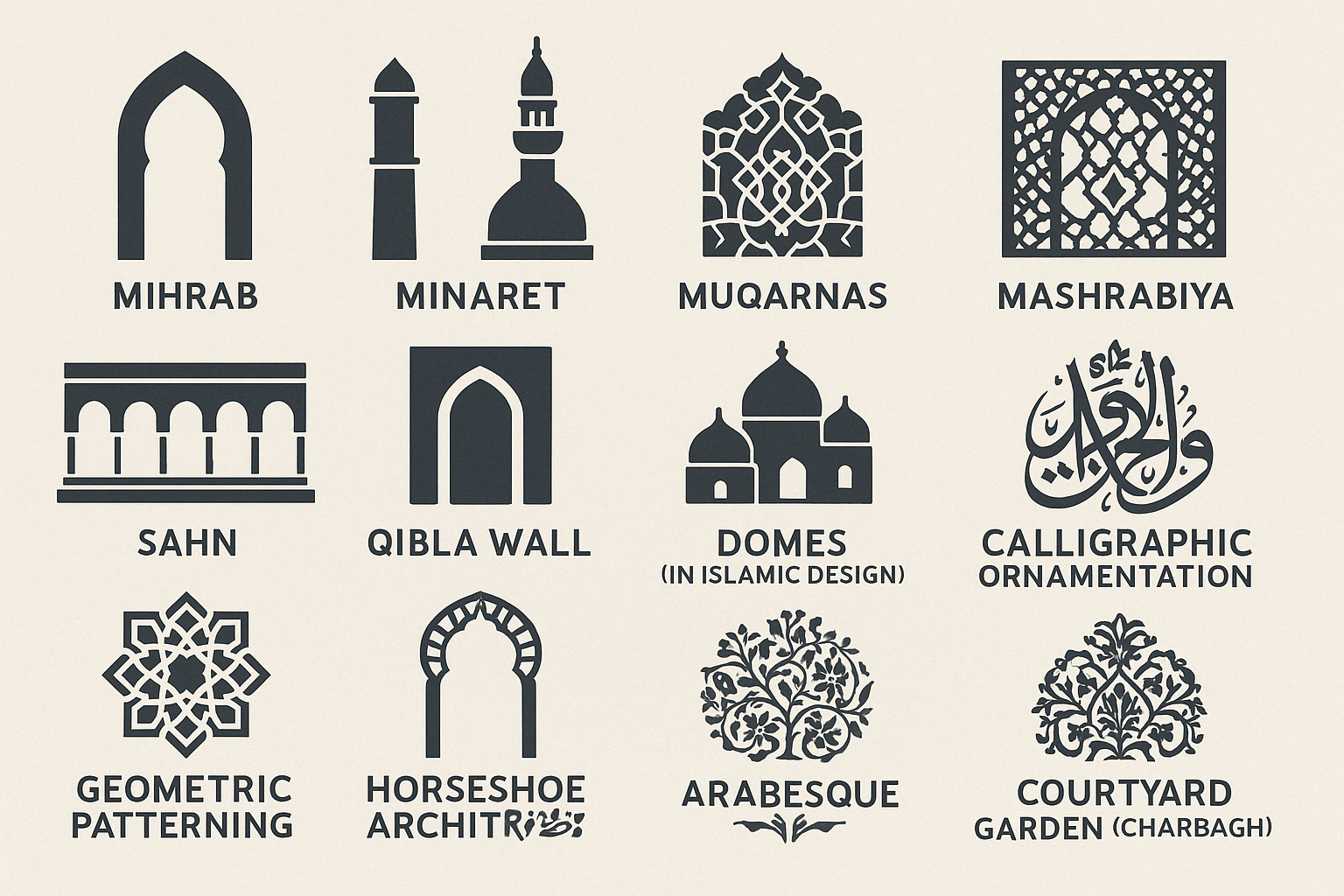 Educational infographic illustrating Islamic architecture terms like mihrab, minaret, mashrabiya, and muqarnas.