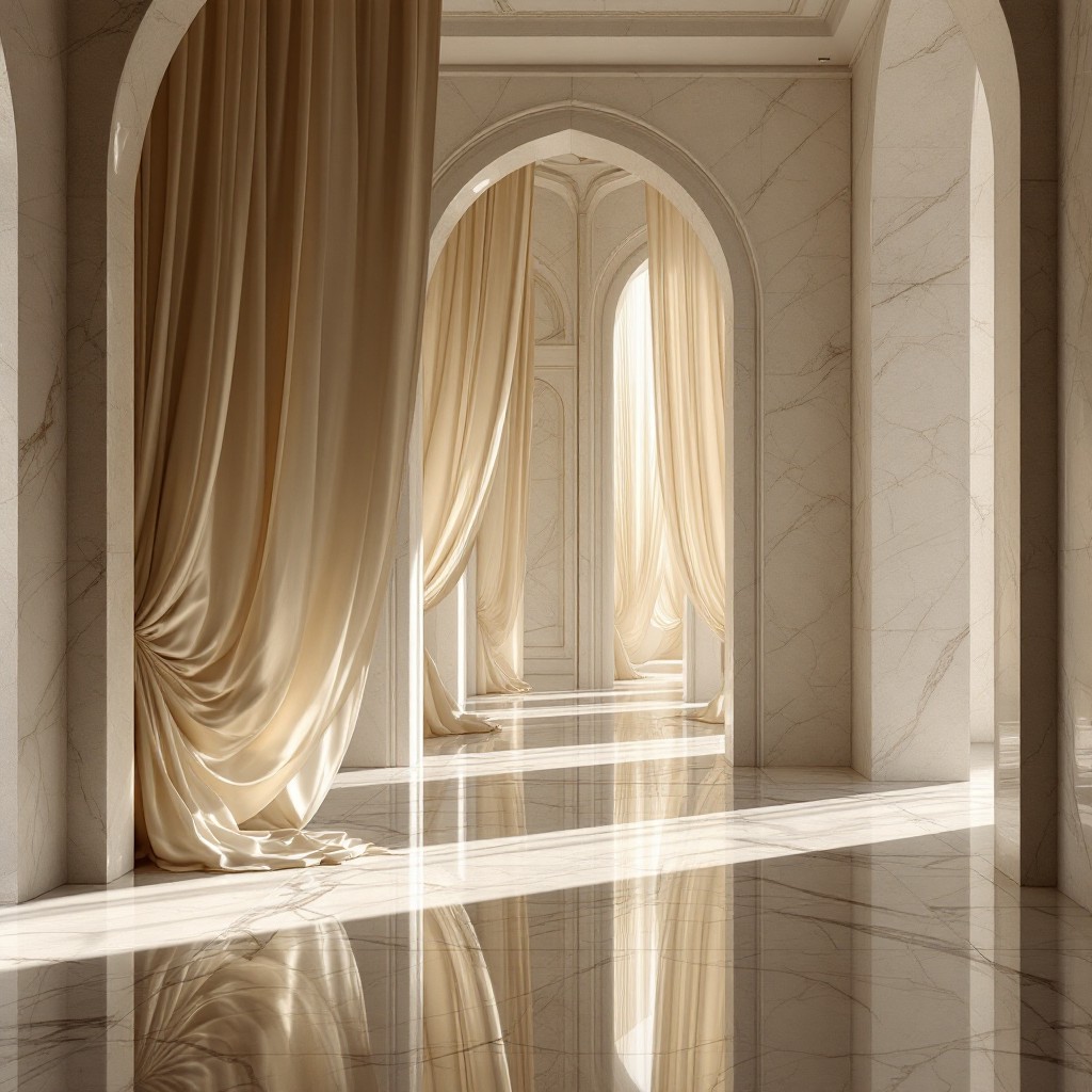 Marble arches forming a corridor with soft lighting, silk curtains, and a blend of classical and modern design.