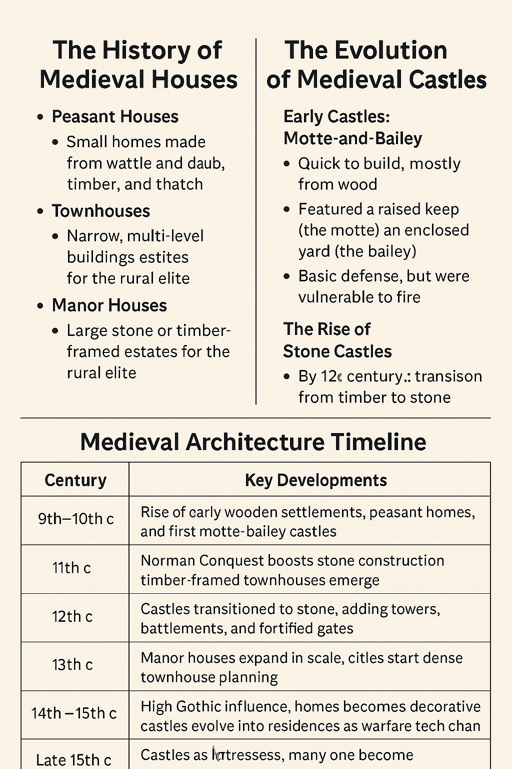 A timeline chart showing the evolution of medieval house styles, with key milestones and periods, from early medieval homes to late medieval architecture.