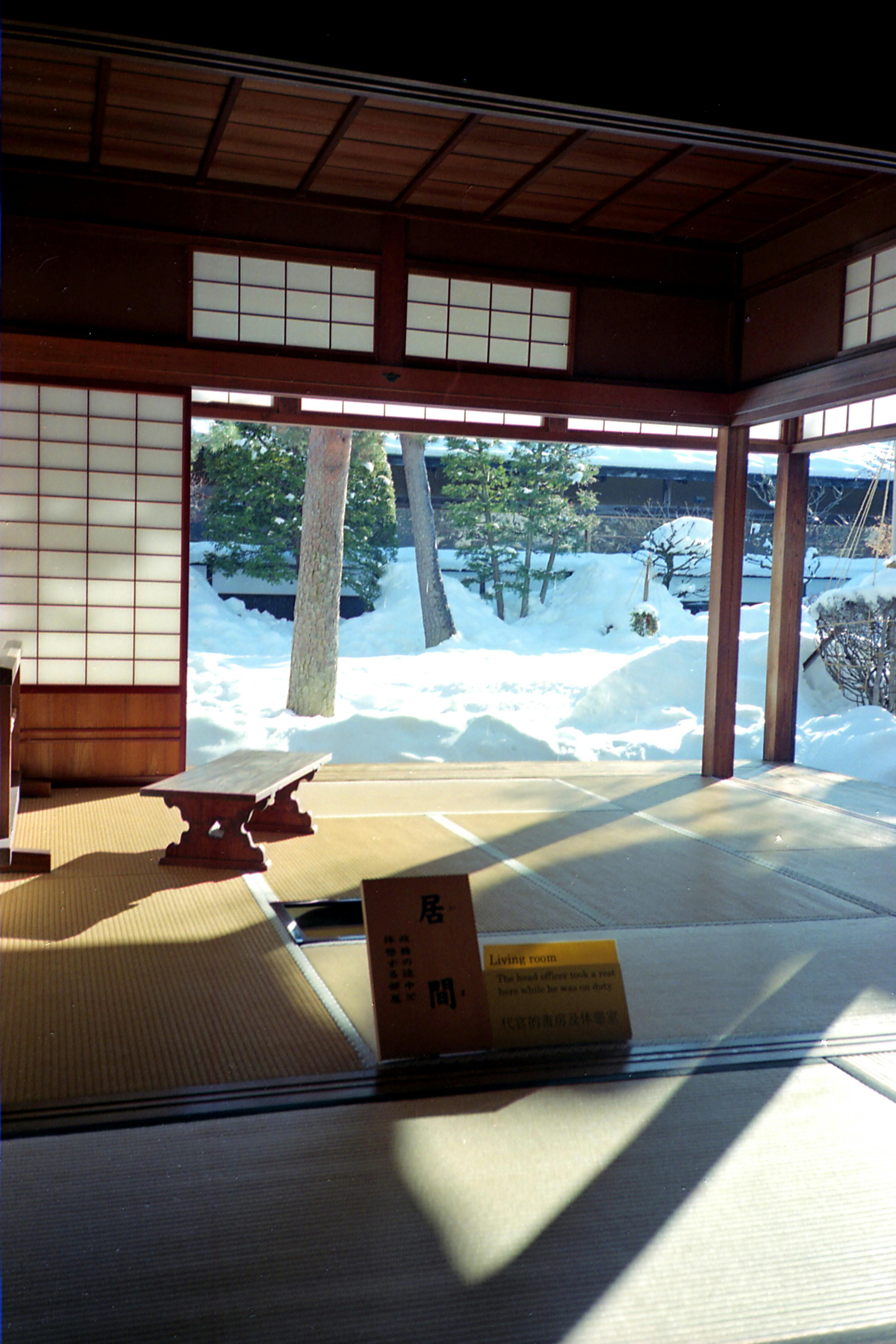 Spacious minimalist interior with a wooden bench, open to nature.