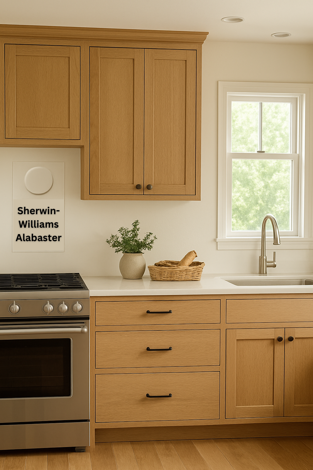 An interior design featuring Sherwin-Williams Alabaster, a soft, creamy white complementing pale wood floors like birch and pine.